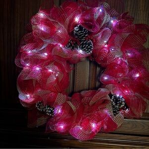NEW Handmade Deco mesh Red Wreath with LED Fairy Lights